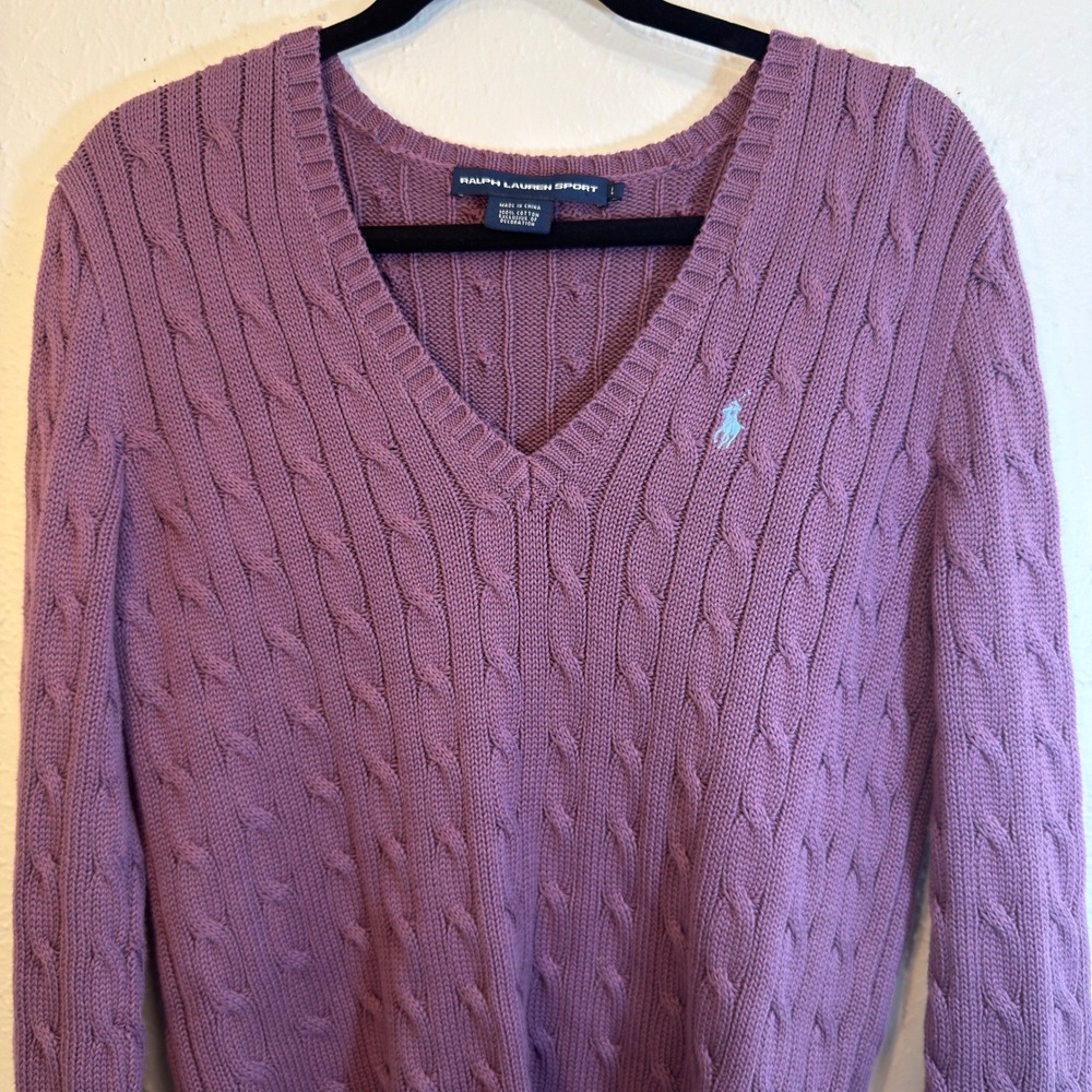 Ralph Lauren Sport Purple Cable Knit V Neck Sweater Blue Pony Large 100% Cotton
